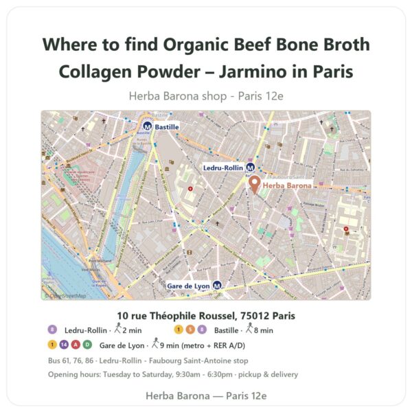 Where to find Organic Beef Bone Broth Collagen Powder – Jarmino in Paris - store map Herba Barona Paris 12e