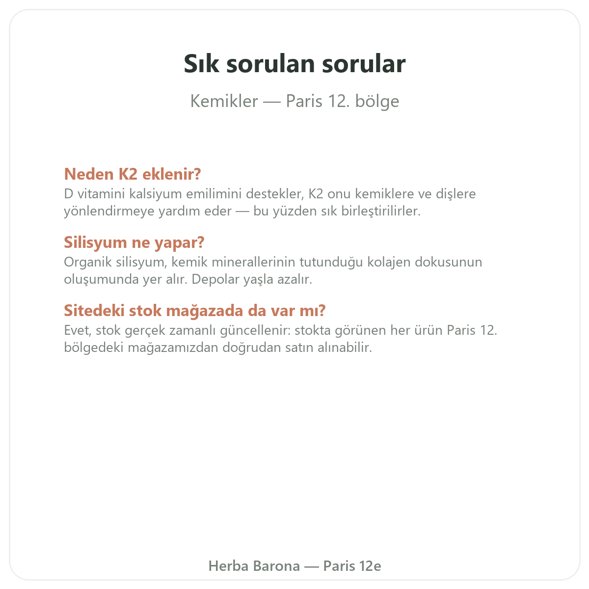 Paris’te kemik takviyeleri hakkında sıkça sorulan sorular - Herba Barona Paris 12. bölge
