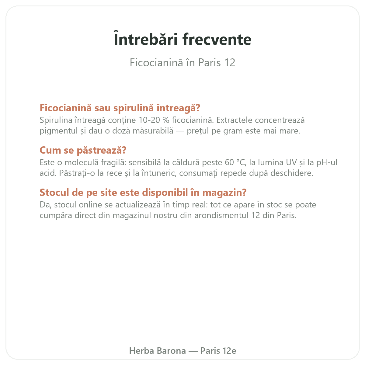 Întrebări frecvente ficocianină la Paris - Herba Barona Paris, arondismentul 12