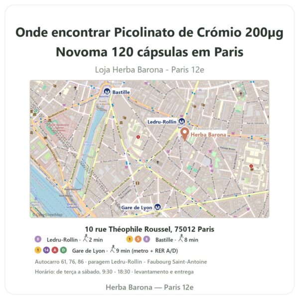 Onde encontrar Picolinato de Crómio 200µg Novoma 120 cápsulas em Paris - mapa da loja Herba Barona Paris 12e