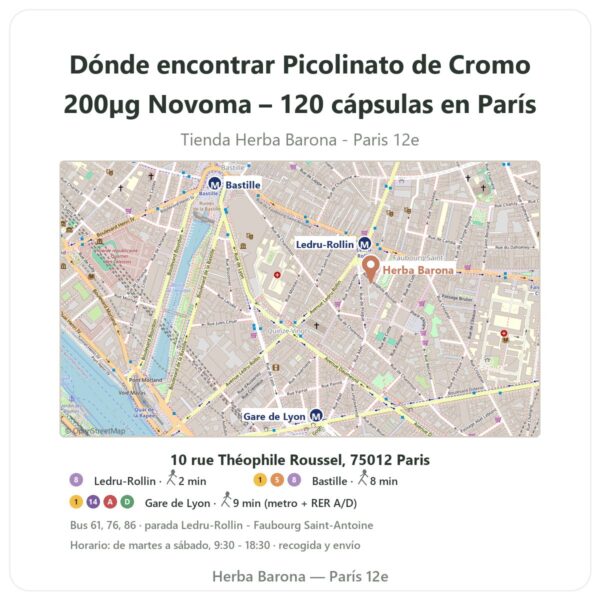 Dónde encontrar Picolinato de Cromo 200µg Novoma – 120 cápsulas en París - plano de la tienda Herba Barona Paris 12e