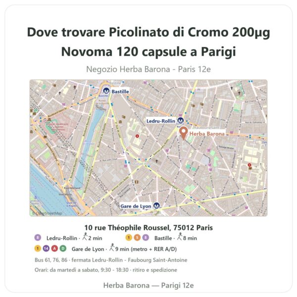 Dove trovare Picolinato di Cromo 200µg Novoma 120 capsule a Parigi - mappa del negozio Herba Barona Paris 12e