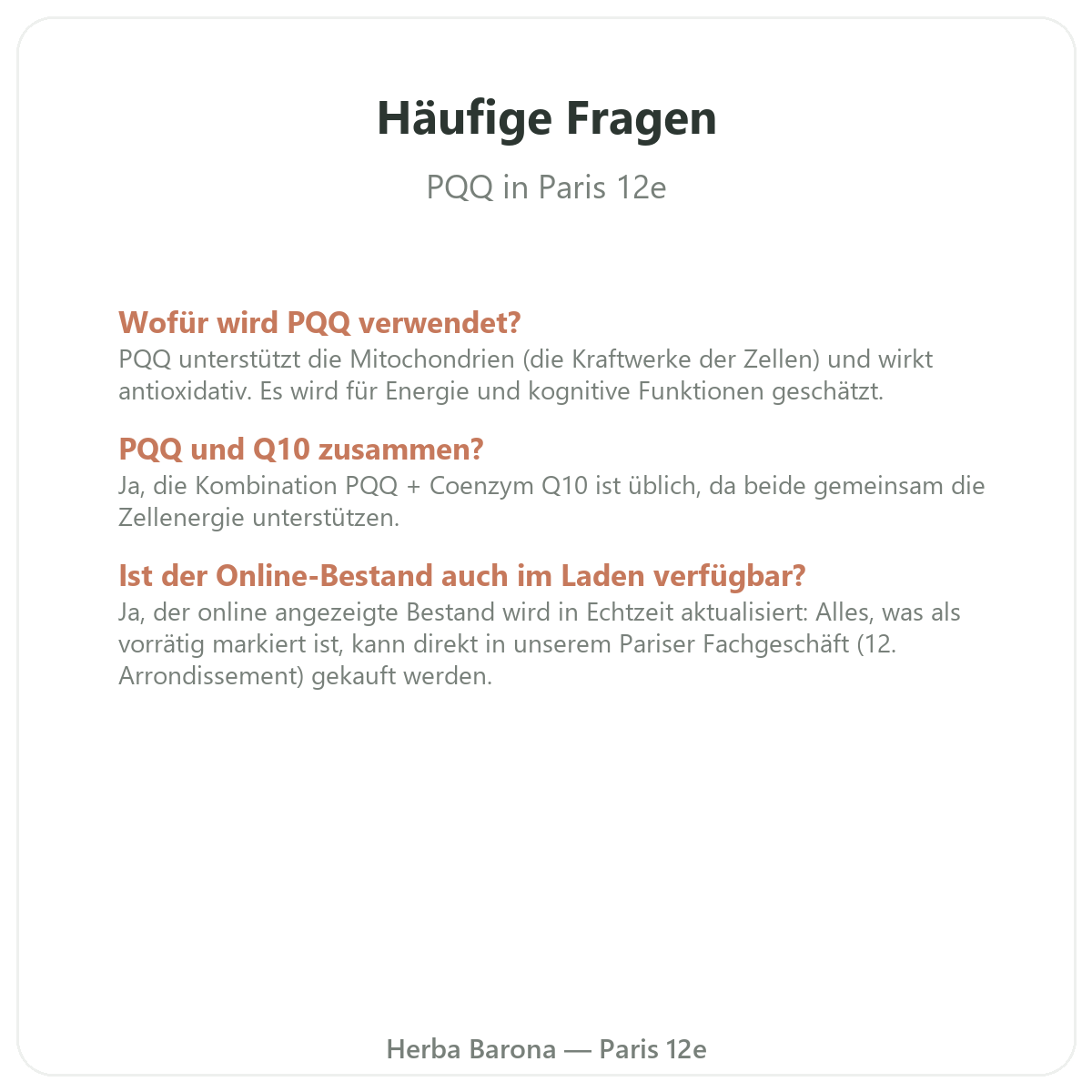 Häufige Fragen zu PQQ in Paris - Herba Barona Paris 12e