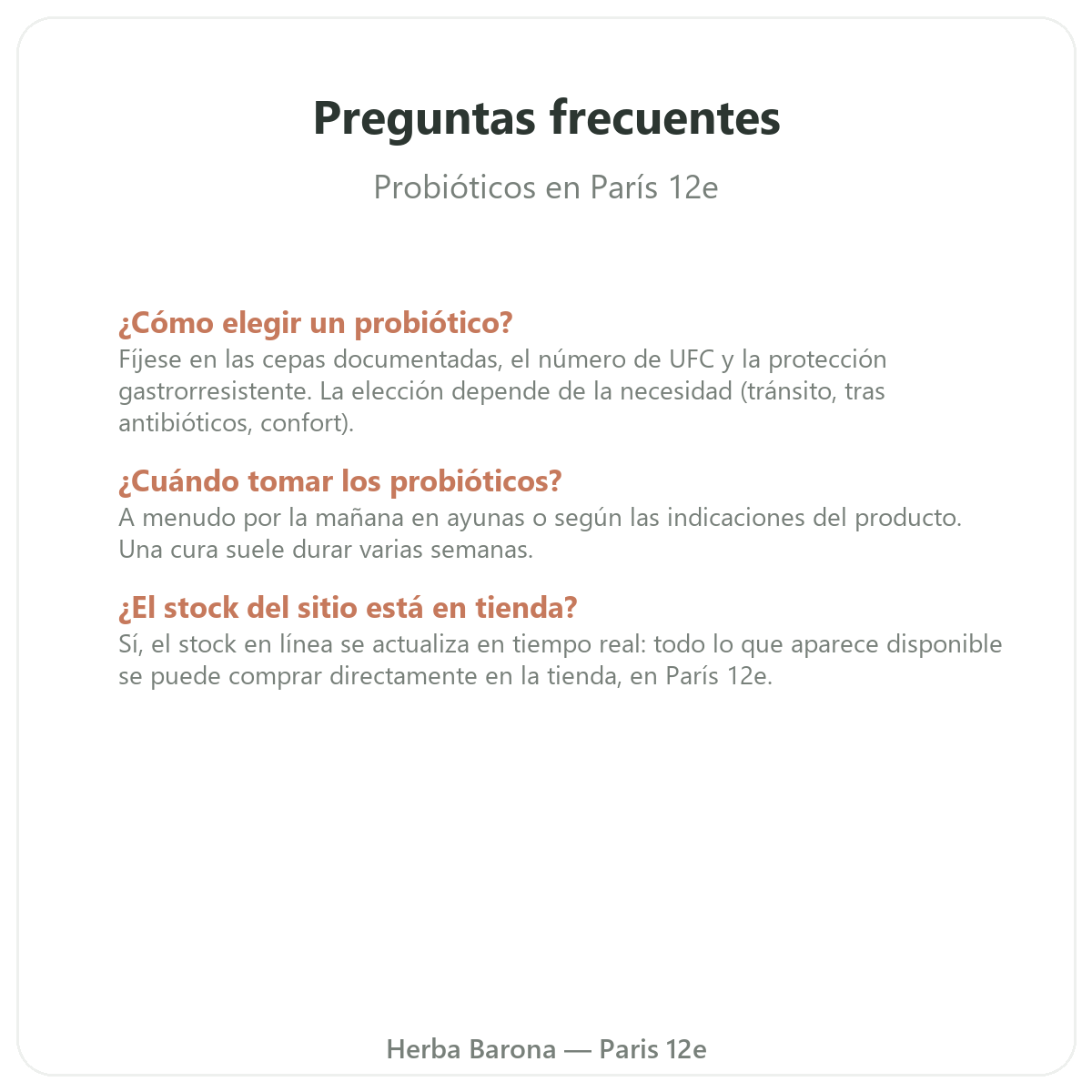 Preguntas frecuentes Probióticos Paris en París - Herba Barona Paris 12e
