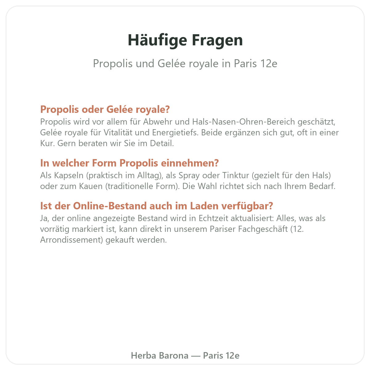 Häufige Fragen zu Propolis und Gelée royale in Paris - Herba Barona Paris 12e