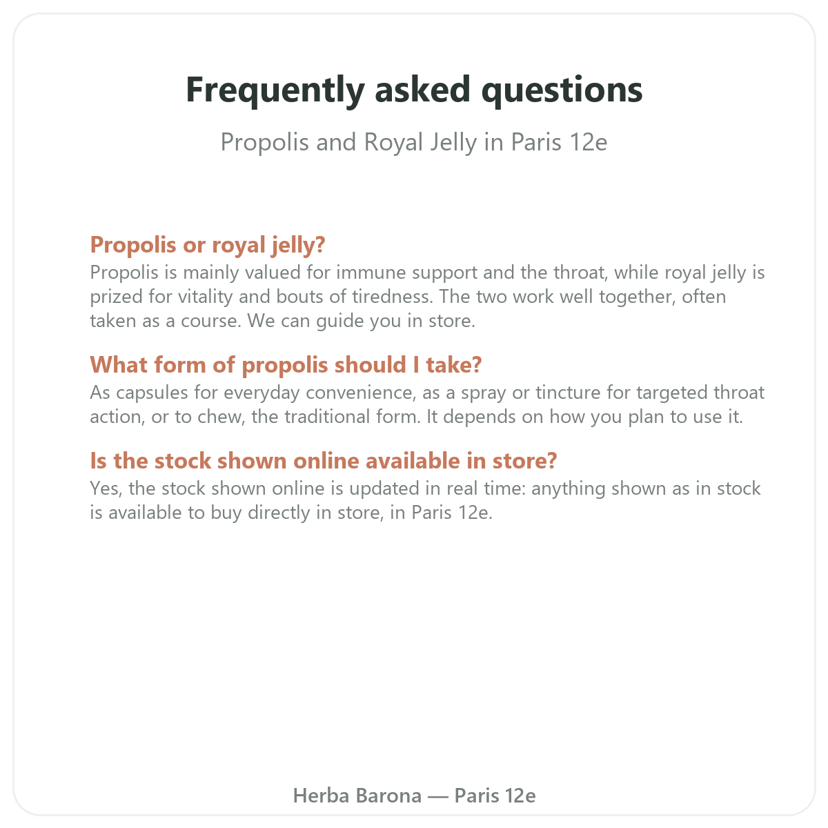 Frequently asked questions about propolis and royal jelly in Paris - Herba Barona Paris 12th