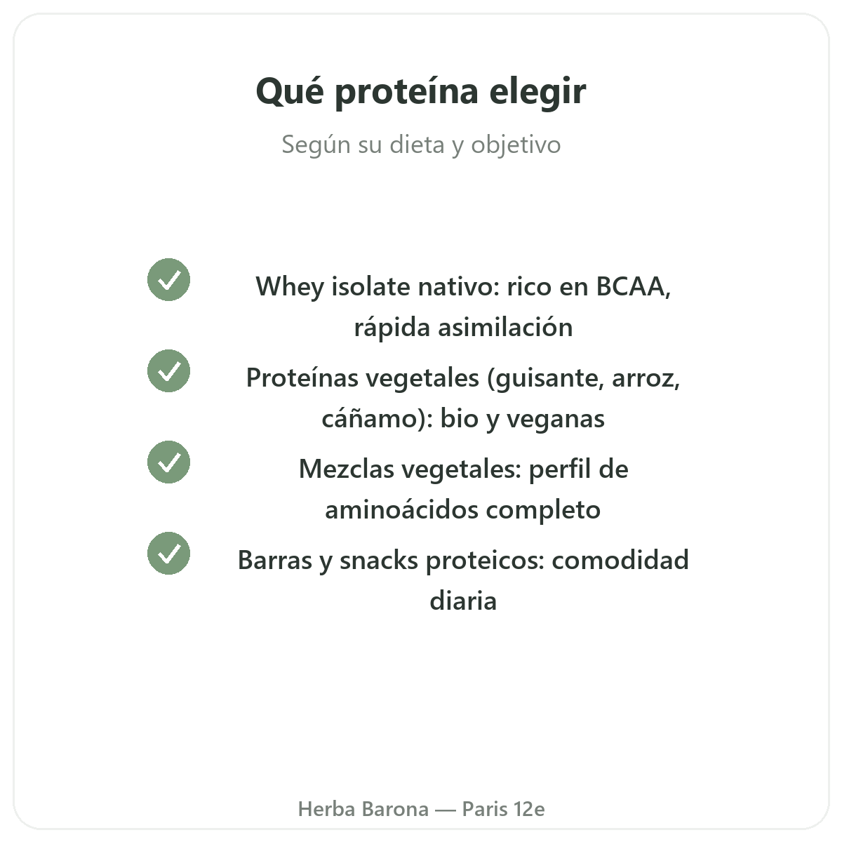 Proteinas whey vegetal Paris Paris - compromisos de calidad en Herba Barona Paris 12e