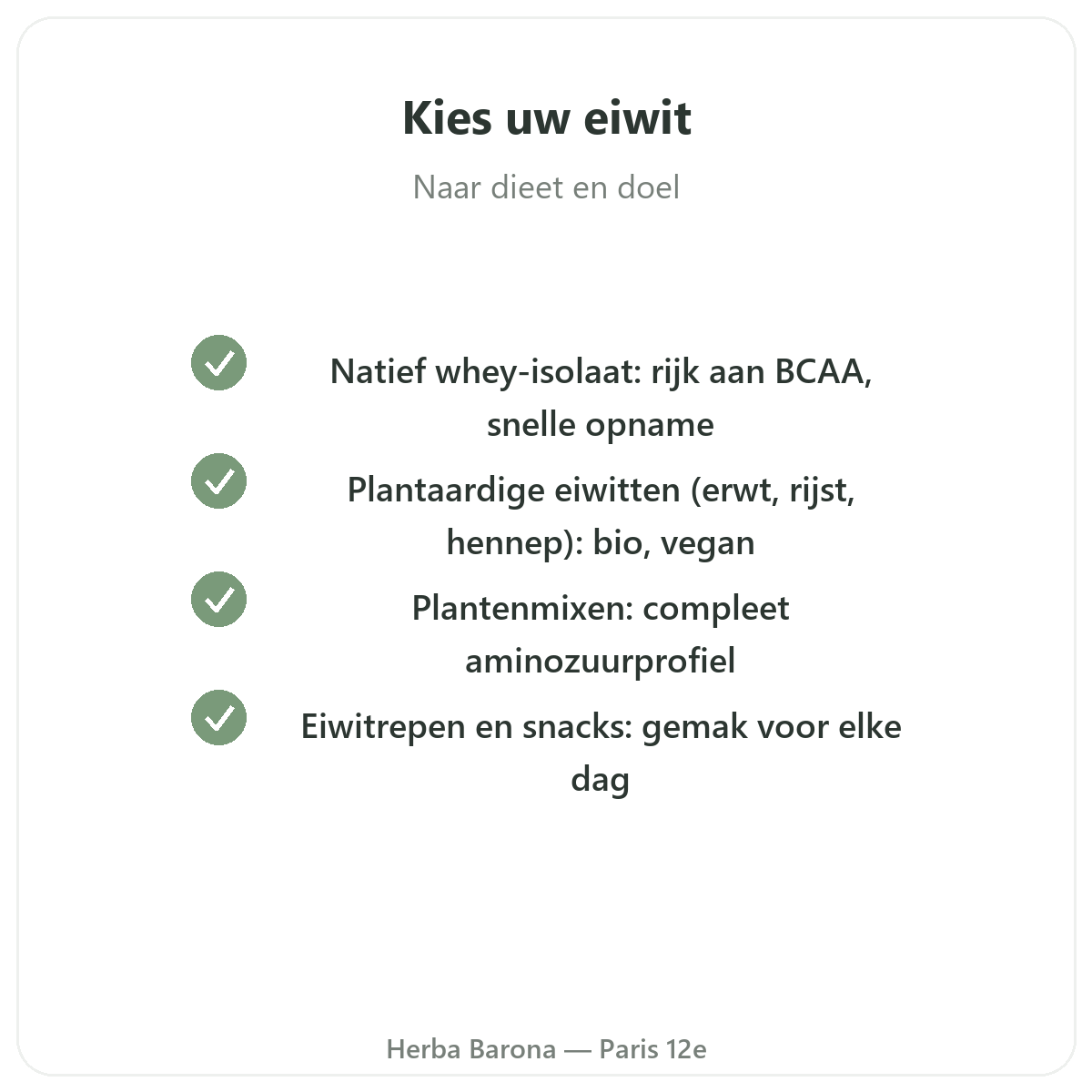 Wei- en plantaardige eiwitten in Parijs - kwaliteitsbeloften bij Herba Barona Parijs 12e