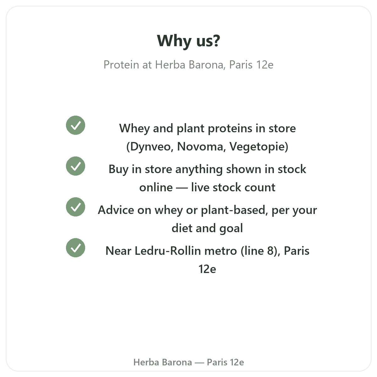Why buy whey and plant protein in Paris at Herba Barona Paris 12th