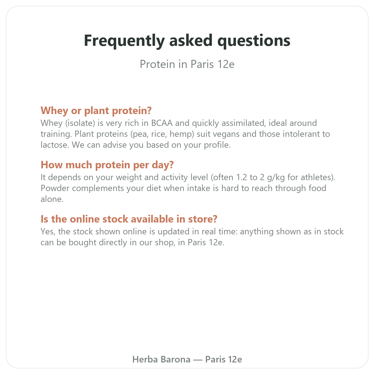 Frequently asked questions about whey and plant protein in Paris - Herba Barona Paris 12th