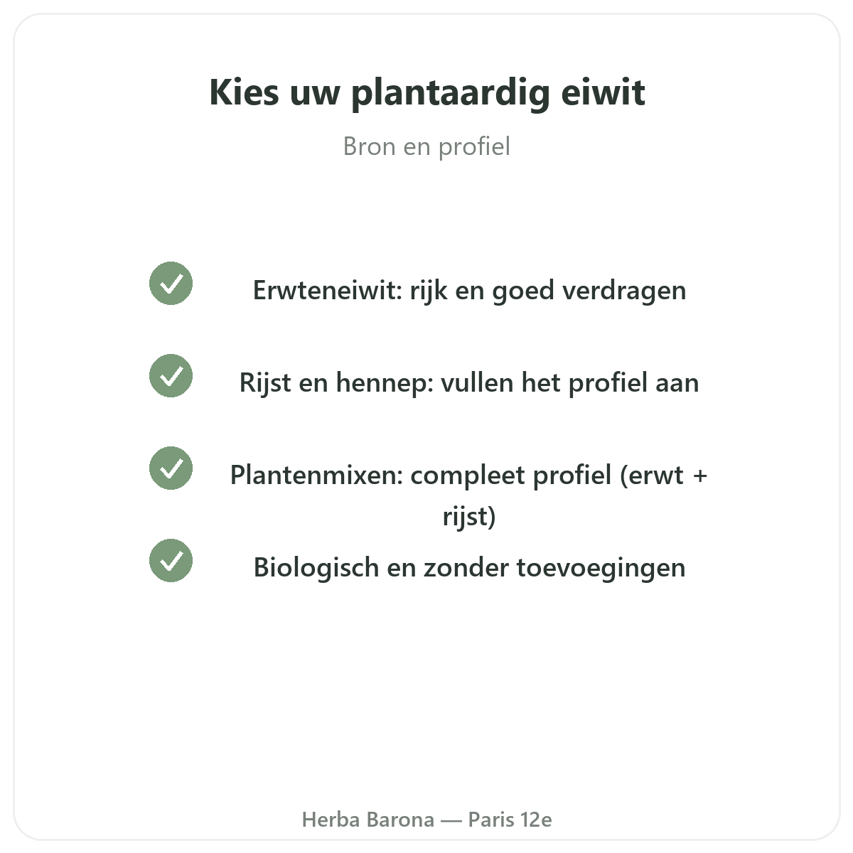 Plantaardige eiwitten in Parijs - kwaliteitsbeloften bij Herba Barona Parijs 12e