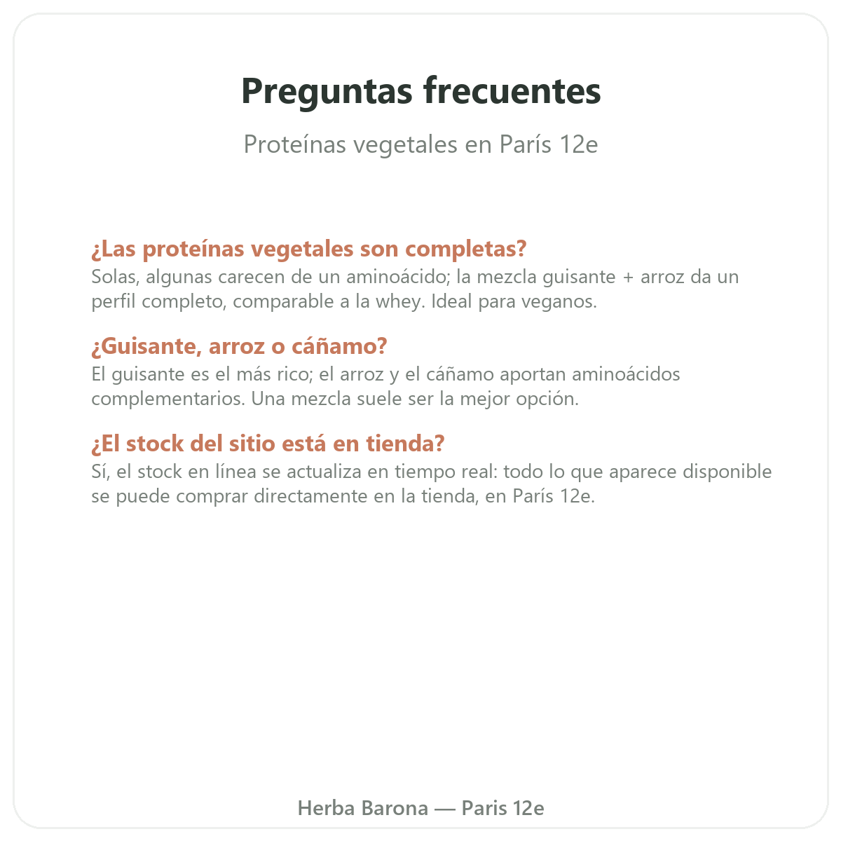 Preguntas frecuentes Proteinas vegetales Paris en Paris - Herba Barona Paris 12e
