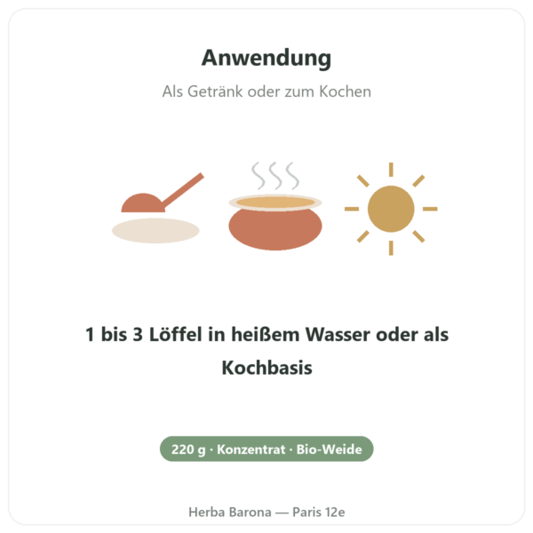 Bio-Rinderknochenbrühe-Konzentrat – 220 g – Jarmino Anwendung und Dosierung Paris Herba Barona