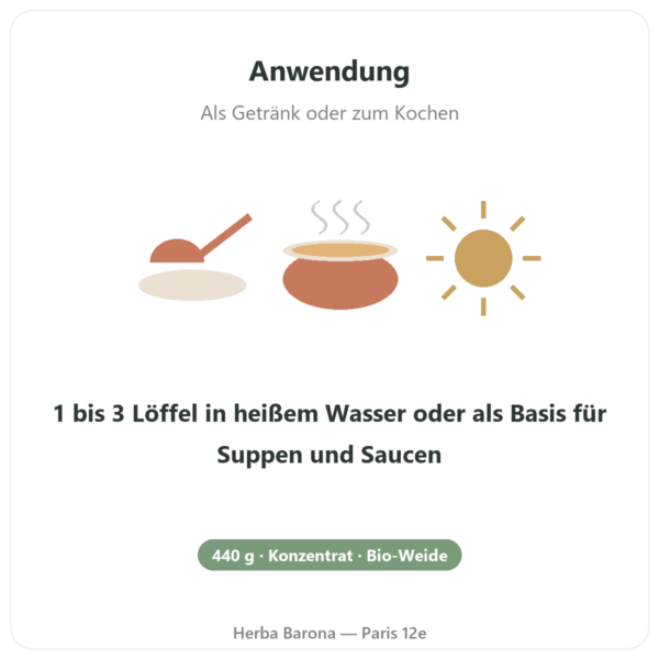 Bio-Rinderknochenbrühe-Konzentrat – 440 g – Jarmino Anwendung und Dosierung Paris Herba Barona