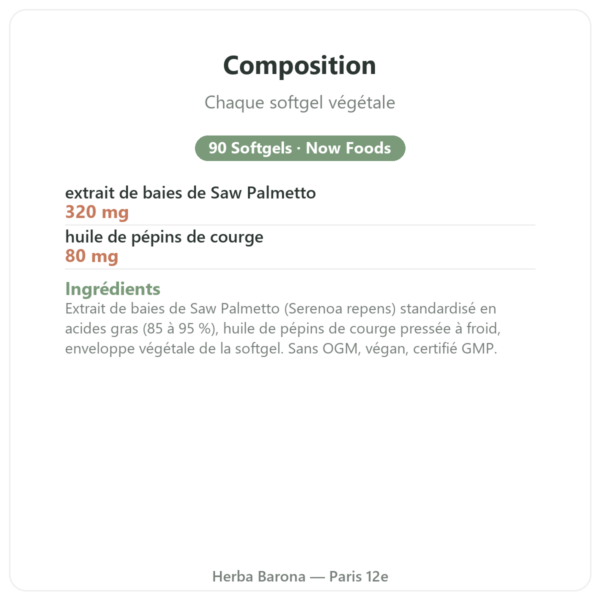 Saw Palmetto Extract 320mg Now Foods 90 Softgels - Palmier nain composition valeurs nutritionnelles Paris Herba Barona