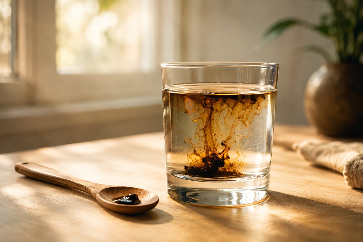 Test dissolution shilajit résine verre eau tiède Paris Herba Barona