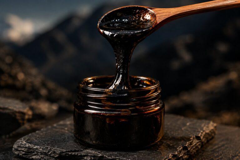 Shilajit resine pure macro cuillere pot Paris Herba Barona