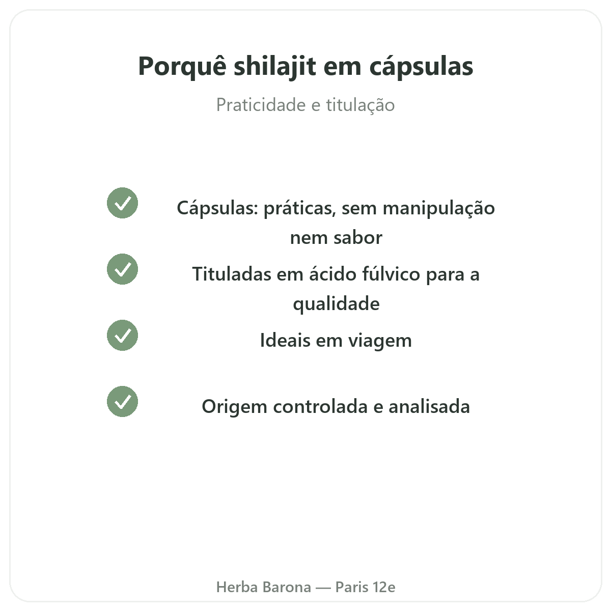 Shilajit em cápsulas Paris - compromissos de qualidade na Herba Barona Paris 12e