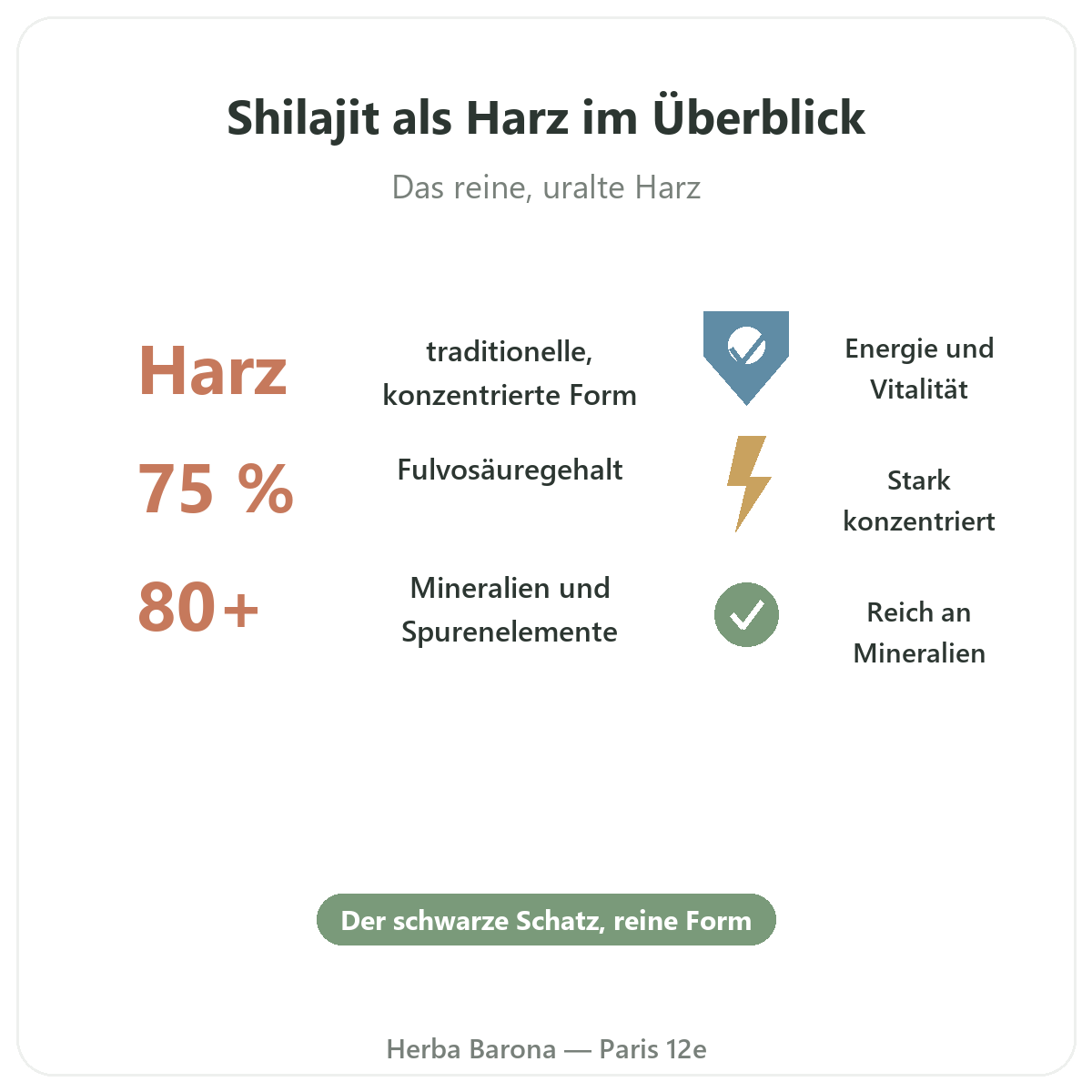 Shilajit als Harz in Paris auf einen Blick - Kennzahlen bei Herba Barona Paris 12e