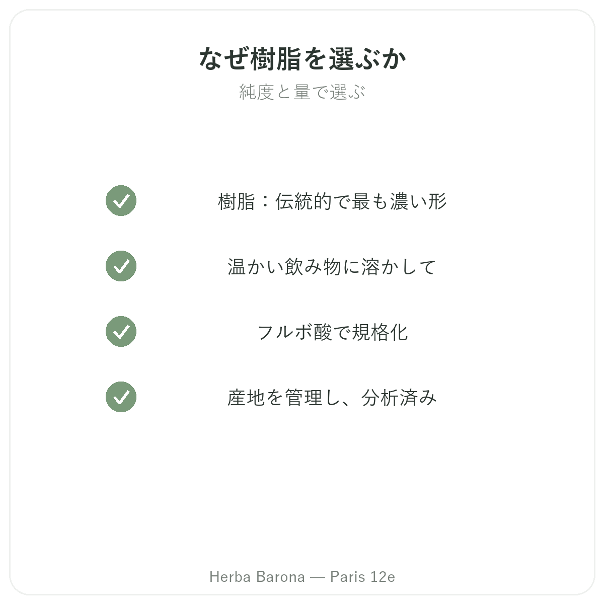 レジン状シラジット パリ - Herba Baronaパリ12区での品質への取り組み