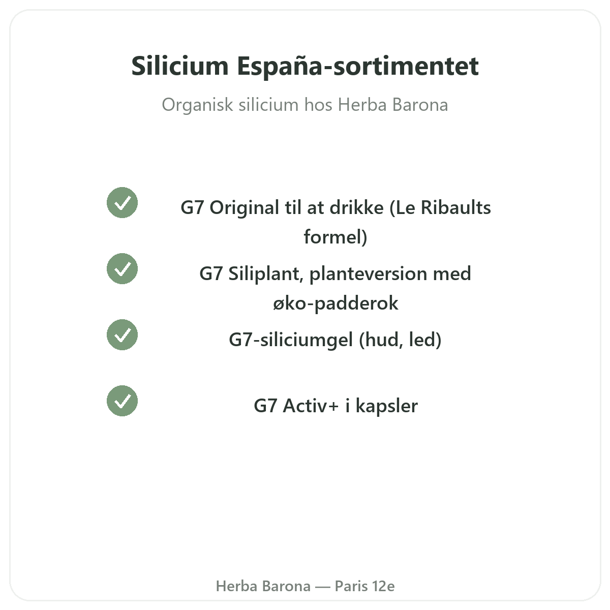 Silicium España-sortimentet i Paris hos Herba Barona Paris 12