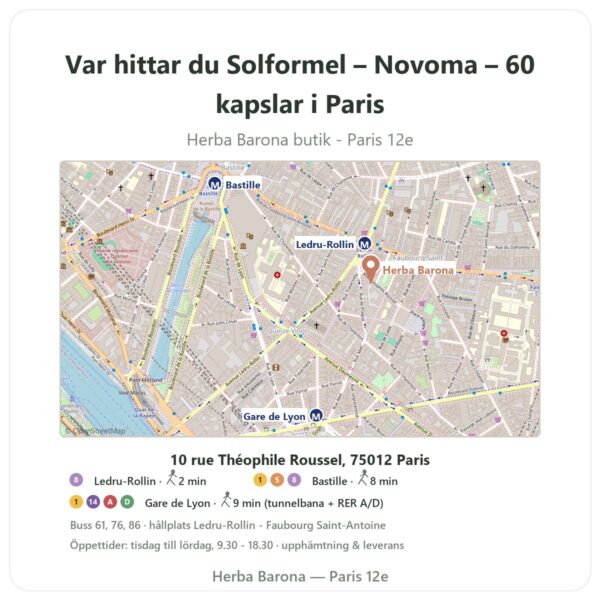 Var hittar du Solformel – Novoma – 60 kapslar i Paris - butikskarta Herba Barona Paris 12e
