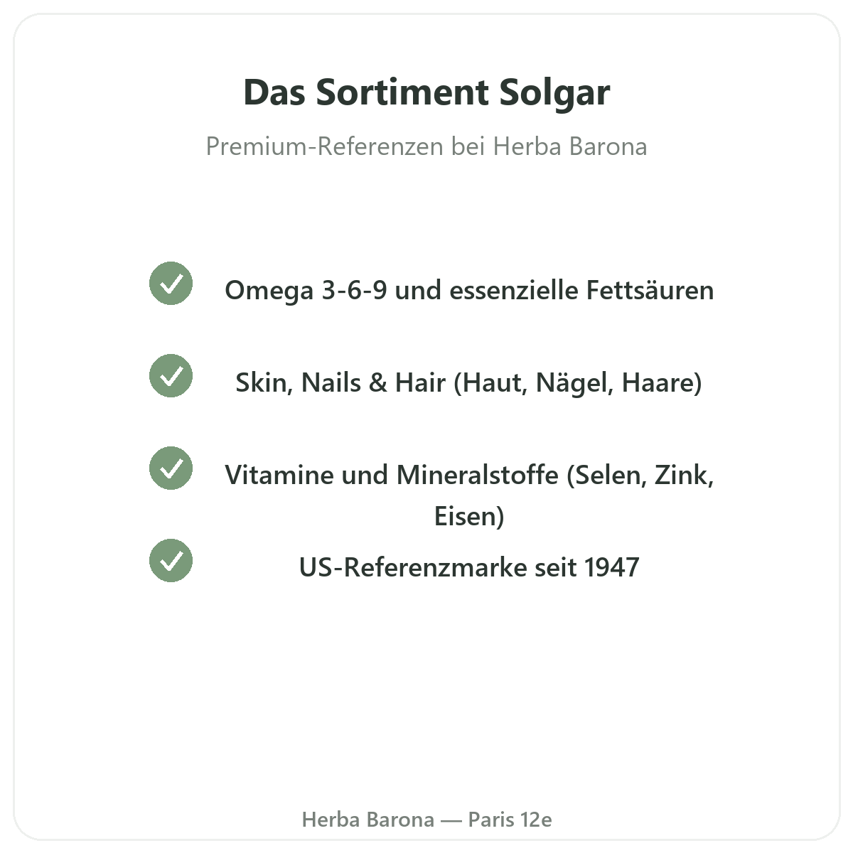Das SOLGAR-Sortiment in Paris bei Herba Barona Paris 12e