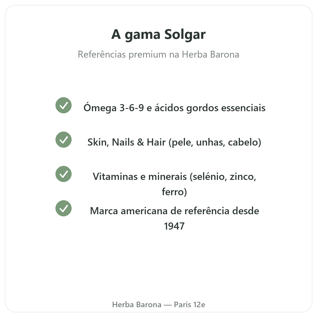 A gama SOLGAR em Paris na Herba Barona Paris 12e