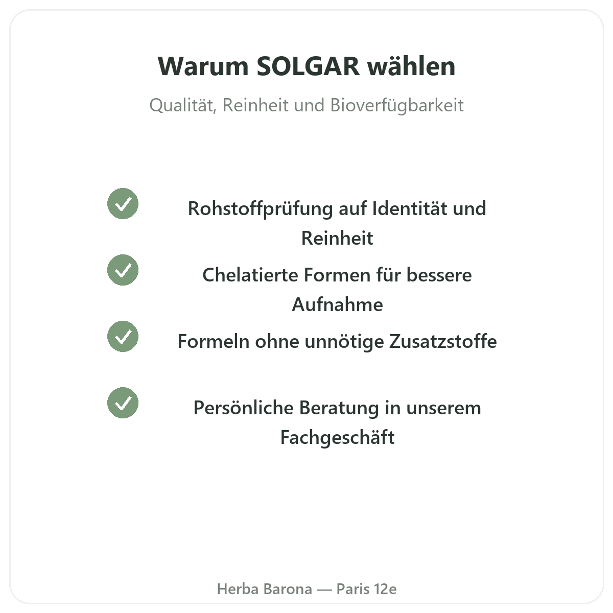 Solgar-Qualitätsversprechen - Gold Standard, ohne Gentechnik, Gluten, Weizen bei Herba Barona Paris 12e