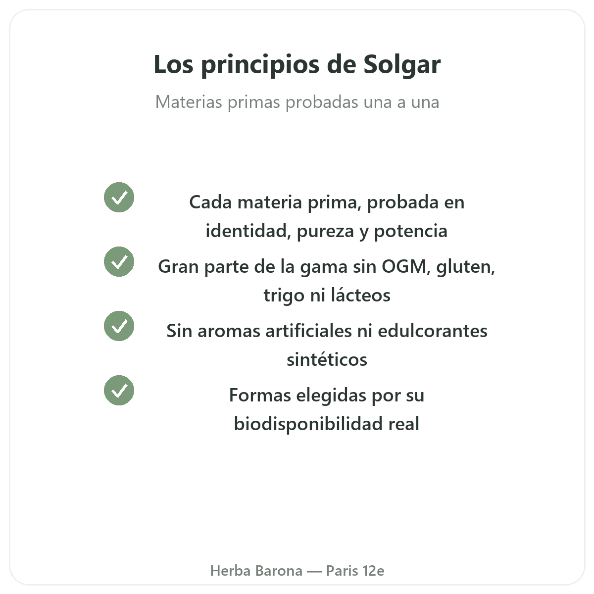 Compromisos Solgar - Gold Standard, sin OGM, gluten, trigo en Herba Barona París 12e
