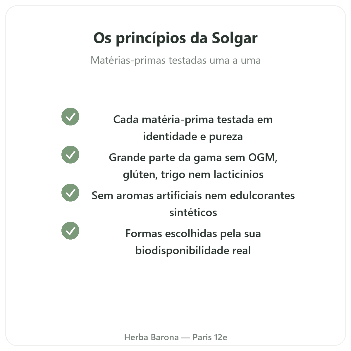 Compromissos Solgar - Gold Standard, sem OGM glúten trigo na Herba Barona Paris 12e