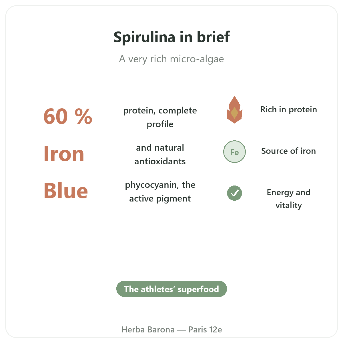 Spirulina in Paris at a glance - key facts at Herba Barona Paris 12th