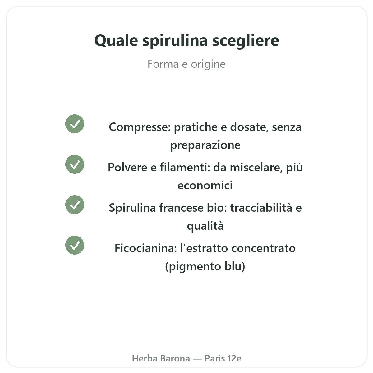 Spirulina Parigi - impegni di qualità da Herba Barona Parigi 12e