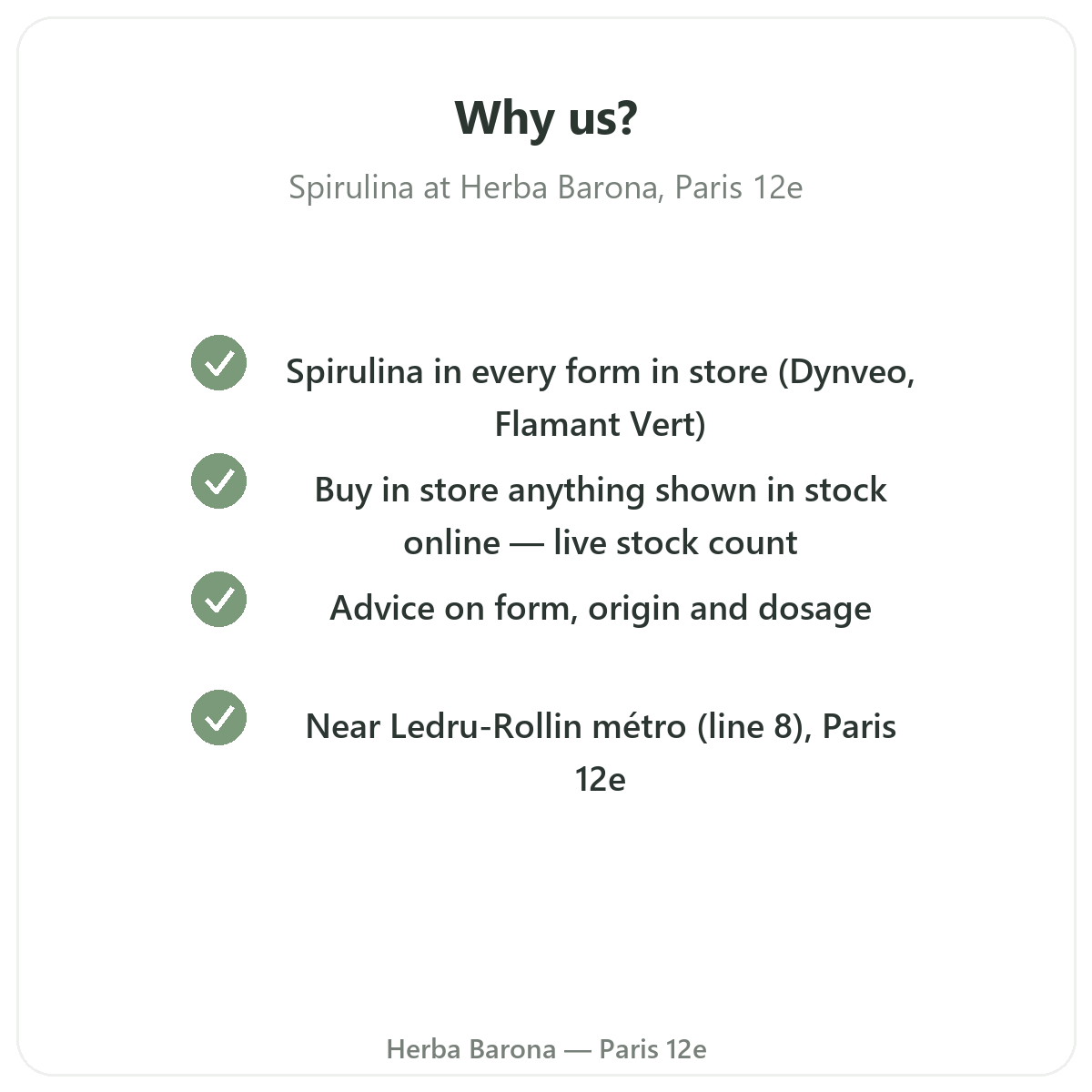 Why buy spirulina in Paris at Herba Barona Paris 12th
