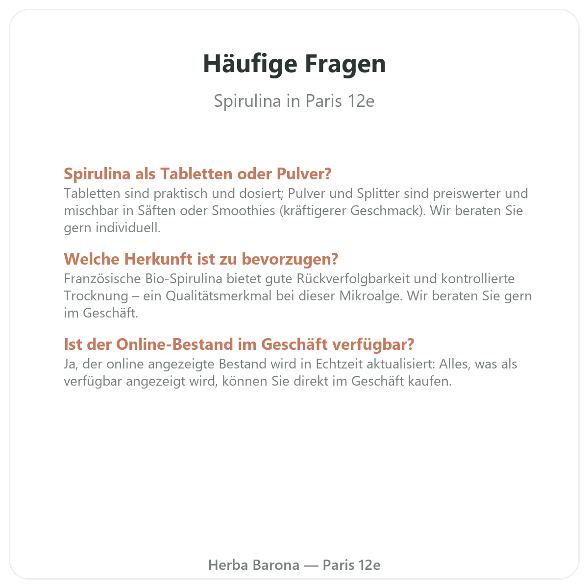 Häufige Fragen zu Spirulina in Paris – Herba Barona Paris 12e