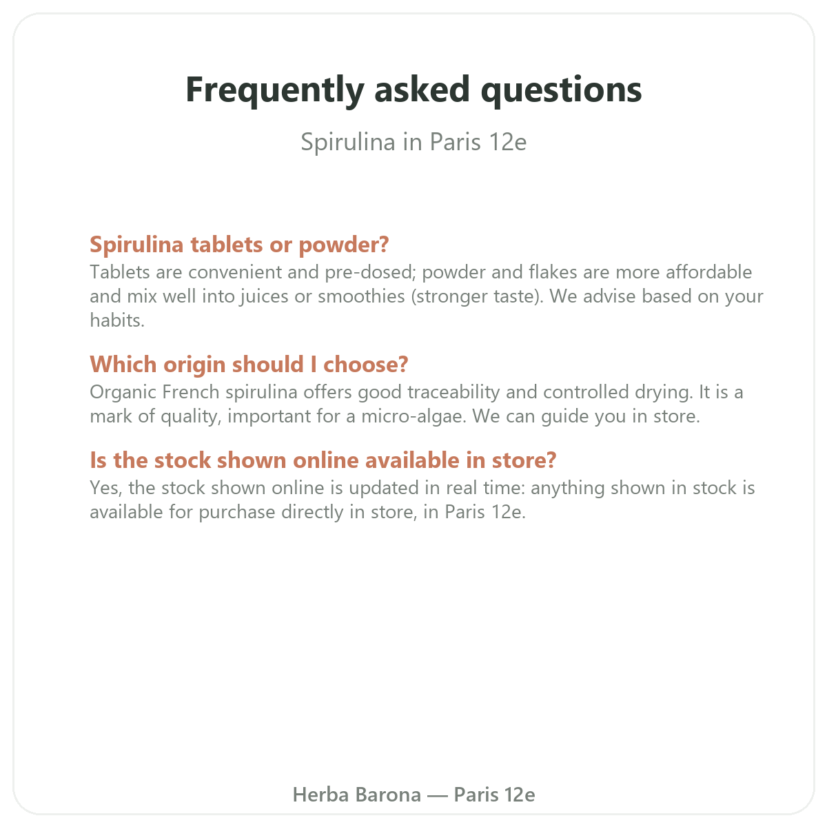 Frequently asked questions about spirulina in Paris - Herba Barona Paris 12th