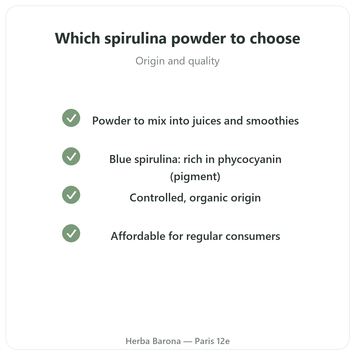 Spiruline poudre Paris Paris - engagements qualite chez Herba Barona Paris 12e