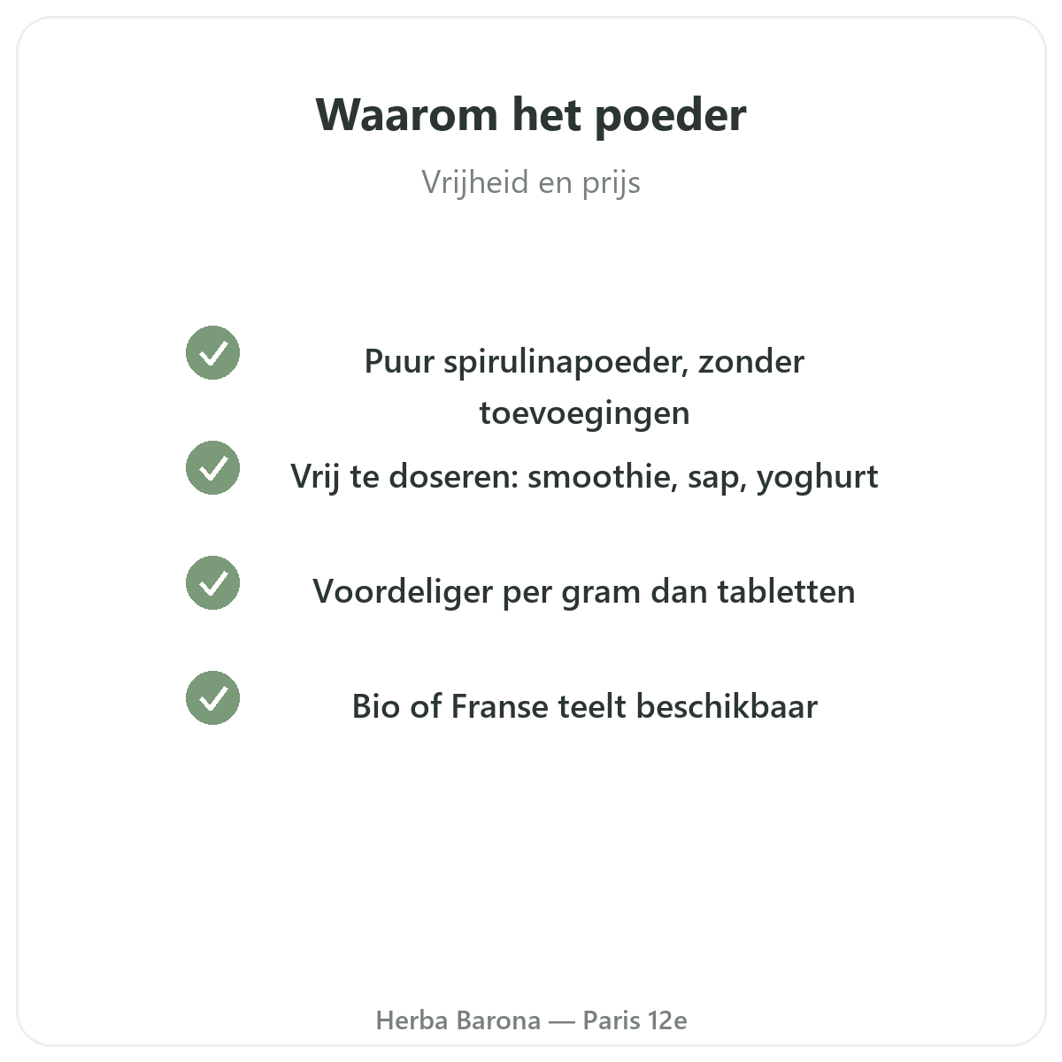 Spirulina poeder Parijs - kwaliteitsbeloften bij Herba Barona Parijs