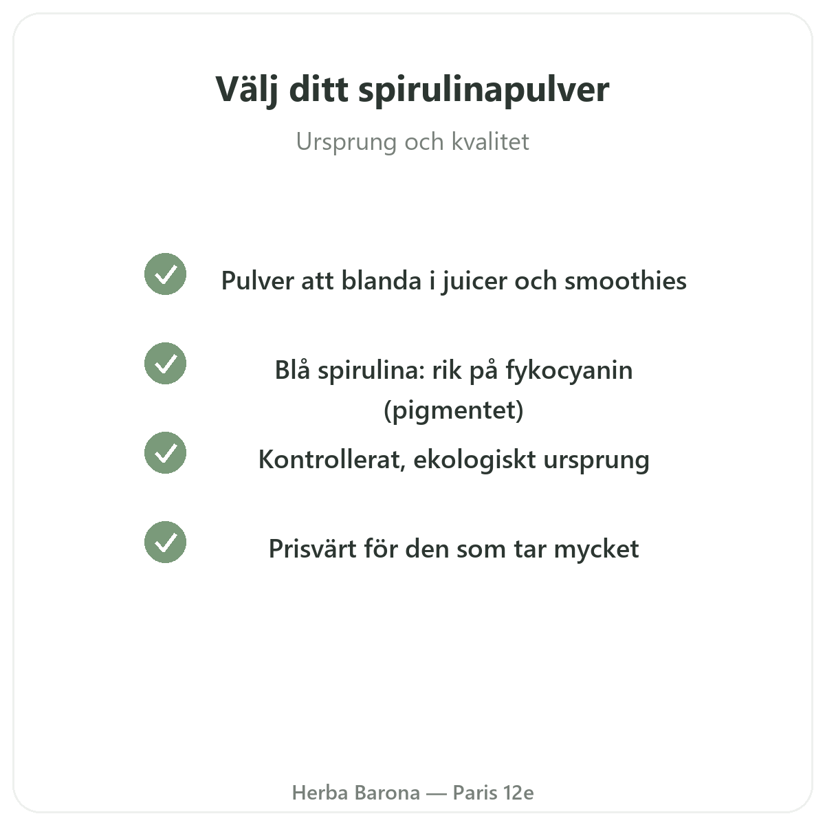 Blått spirulinapulver Paris – kvalitetslöften hos Herba Barona Paris 12e