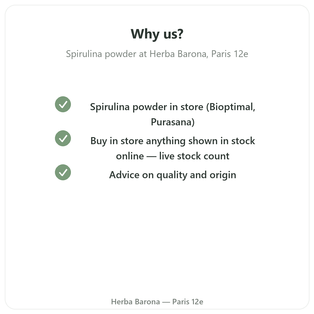 Pourquoi acheter Spiruline poudre Paris a Paris chez Herba Barona Paris 12e