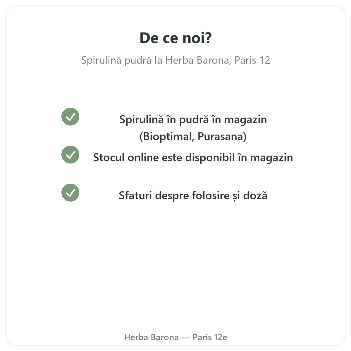 De ce să cumpărați Spirulină pudră Paris de la Herba Barona Paris, arondismentul 12