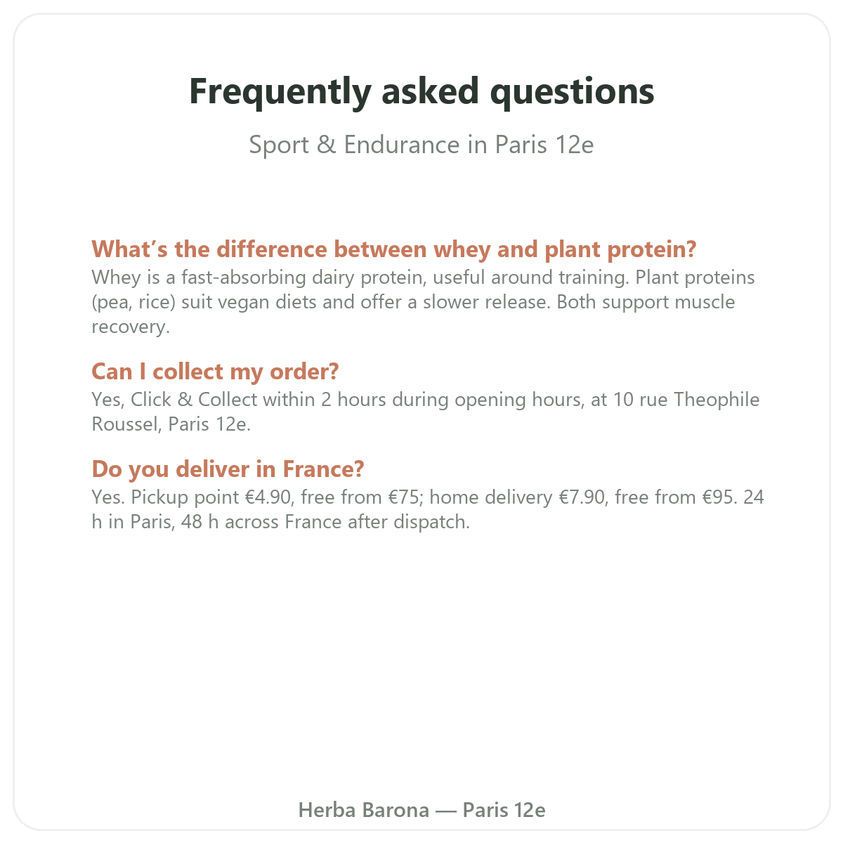 Frequently asked questions about Sport & Endurance supplements in Paris - Herba Barona Paris 12e