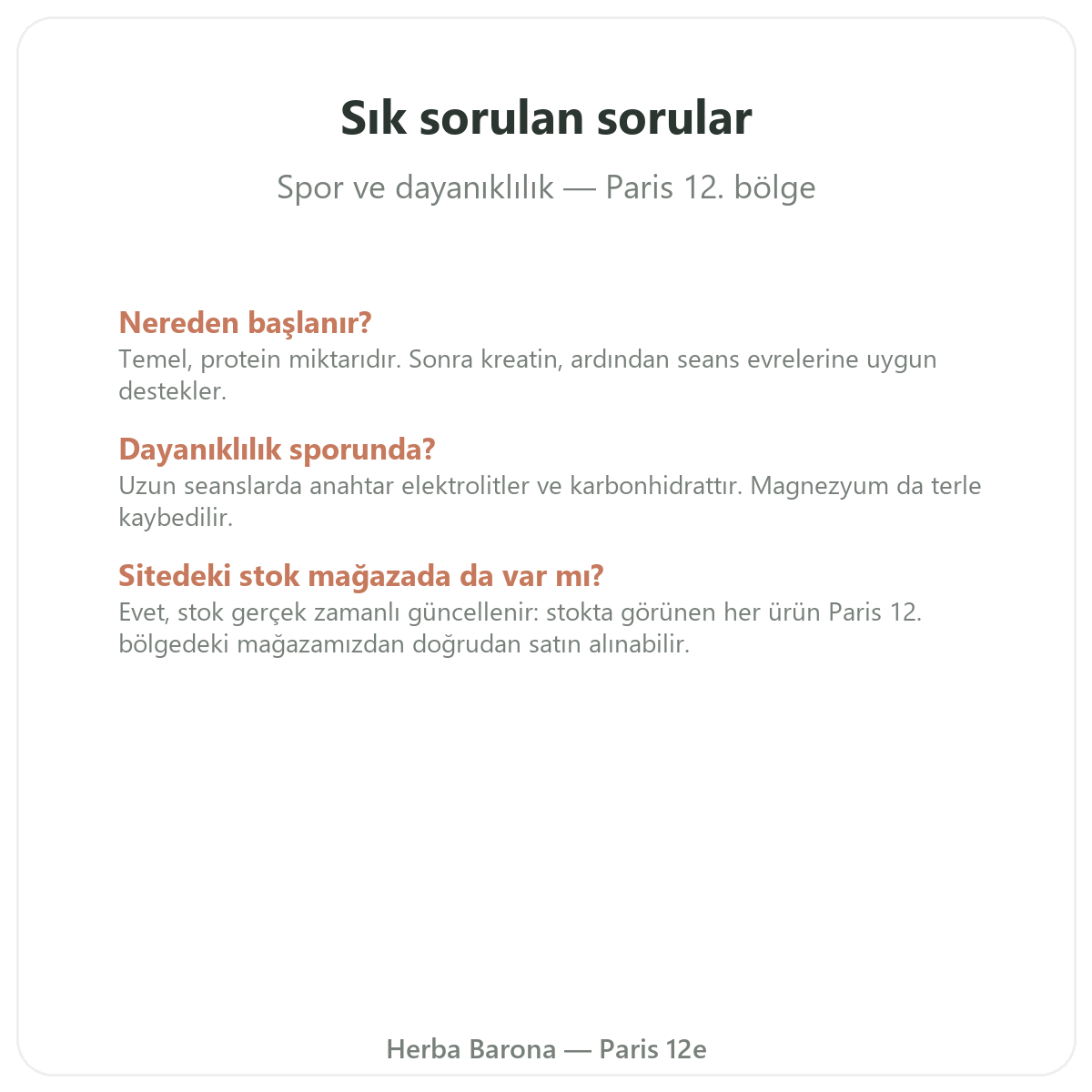 Paris’te spor ve dayanıklılık takviyeleri hakkında sık sorulan sorular - Herba Barona Paris 12e