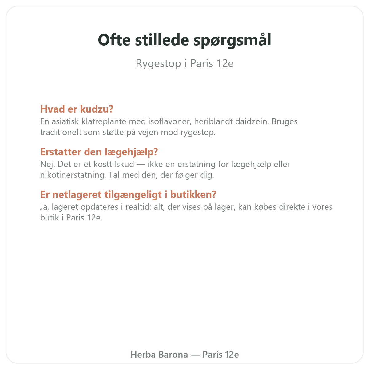 Ofte stillede spørgsmål om kosttilskud til rygestop i Paris - Herba Barona Paris 12