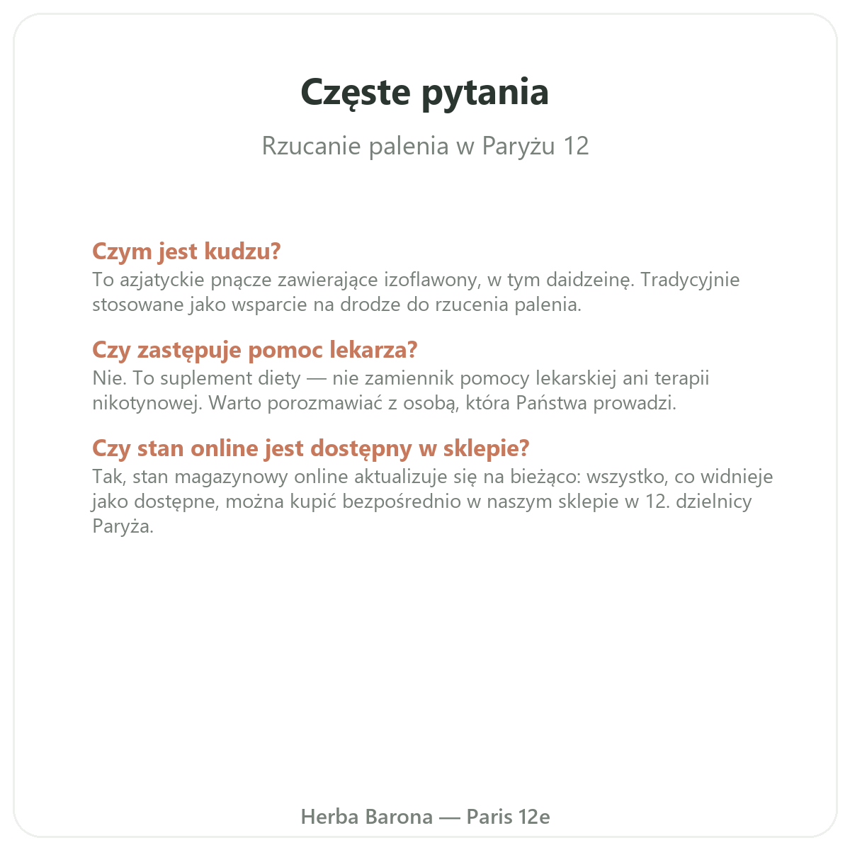 Najczęstsze pytania o suplementy wspierające rzucanie palenia – Herba Barona, Paryż 12, metro Ledru-Rollin