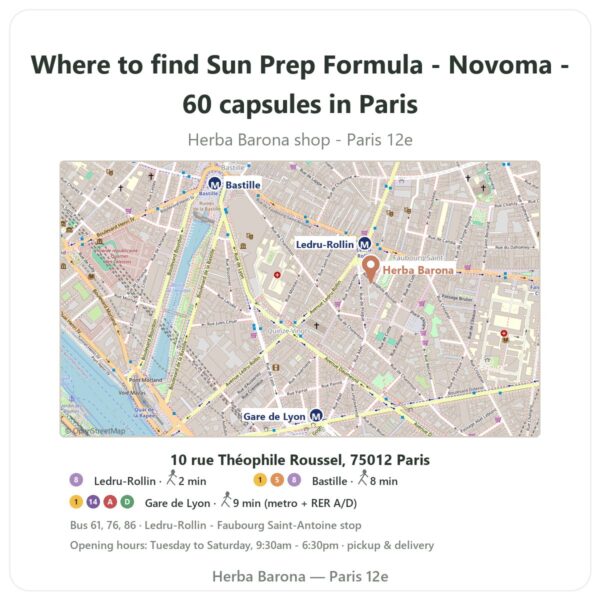 Where to find Sun Prep Formula - Novoma - 60 capsules in Paris - store map Herba Barona Paris 12e