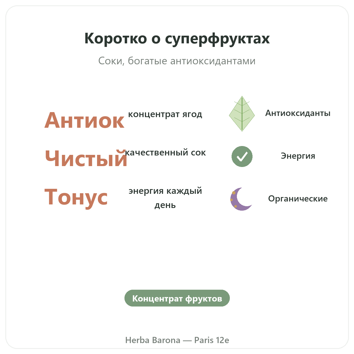 Соки из суперфруктов Париж вкратце — ключевые цифры в Herba Barona, Париж, 12-й округ