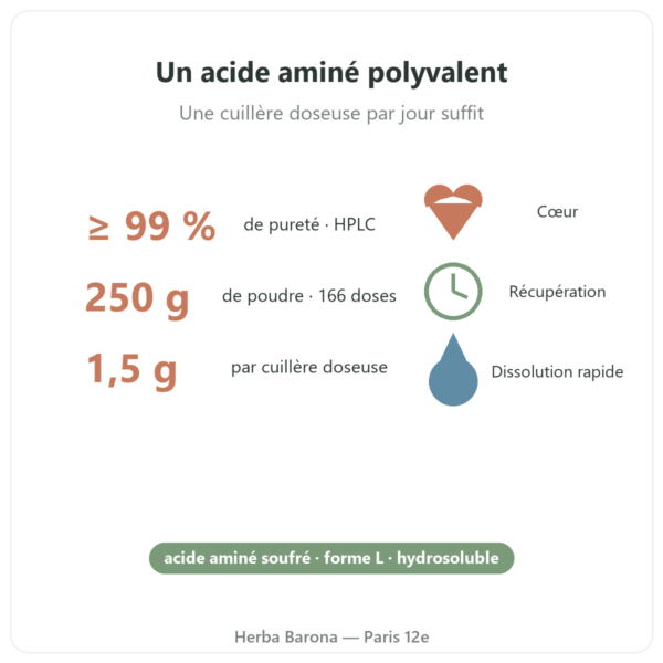 Taurine poudre pure Dynveo 250 g bienfaits et chiffres Paris Herba Barona