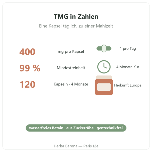 TMG Trimethylglycin – Dynveo – 400 mg – 120 Kapseln Zahlen und Fakten Paris Herba Barona