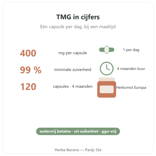 TMG Trimethylglycine – Dynveo – 400 mg – 120 capsules kerncijfers Paris Herba Barona